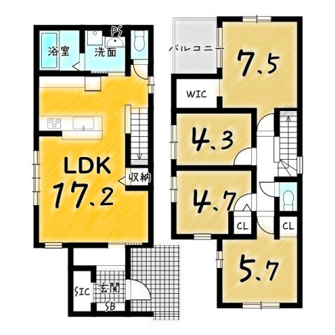 醍醐大高町２区画　２号棟の間取り|リビング１７.２帖！プライベートの時間もしっかり確保できる４ＬＤＫのおうちです♪対面キッチンは、ご家族の様子を見ながら家事をすることができます！
