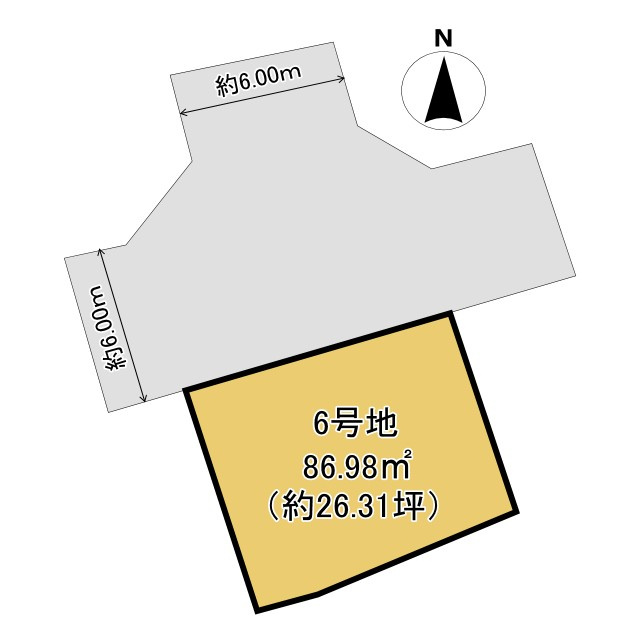 京都市西京区大枝沓掛町の土地図|６号地
北向き整形地となります！裏は駐車場なので陽当たりは良好です♪