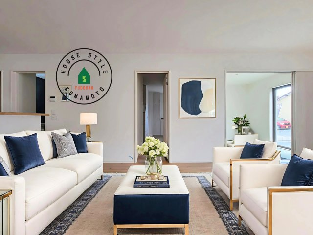 熊本市南区出仲間7丁目第3-1棟（1号棟）　の居間・リビング|キッチンからリビングをしっかり確認できます。家族の笑顔があふれる空間になりそうですね。※家具はCGを合成したものです。