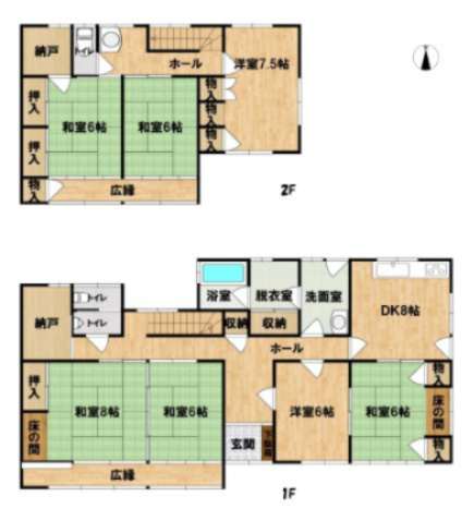中古戸建　下室田町の間取り|１階・２階に続き和室と広縁のある間取りです。客間と生活空間をわけておきたい方におすすめです。荷物が多いファミリー世帯に、7DK＋2S（納戸）の間取りは収納も充実しています。