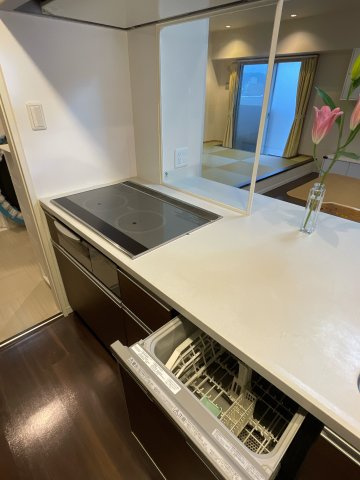 アルファステイツ福山駅前IIのキッチン|IHクッキングヒーター火事のリスクを軽減します。食器洗乾燥機は水道代の節約になります。