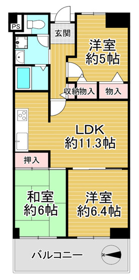 【間取り】 | ユニハイム平野北 | 【3LDK】室内全面リフォーム済みです☆システムキッチン・洗面台・トイレ新調等☆