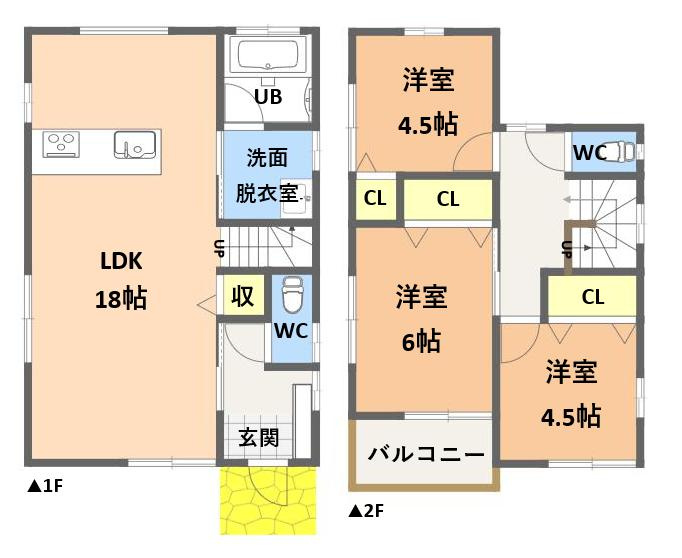 西伊敷4丁目　新築戸建て①の間取り|18帖のLDKが魅力の3LDK。東南向きで陽当たり良好。
