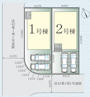 【区画図】 | 茅ヶ崎市高田3丁目  2号棟 2期 | ※1号棟ご成約済み　2号棟　南西側約4.4ｍ公道　駐車並列2台（車種によります）