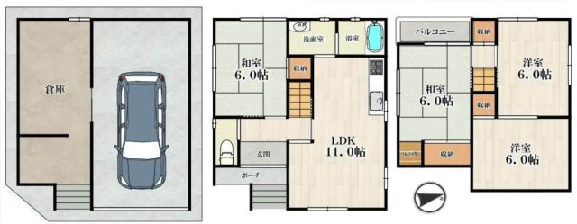 鶴見区徳庵１丁目中古戸建の間取り|中古戸建　4LDK　土地面積：56.70㎡(公簿）　建物面積：114.34㎡　東向き