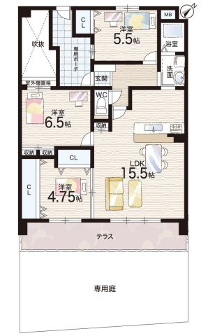 ダイアパレス枚方山田池公園の間取り|3LDK　南東向きテラス＆専用庭♪