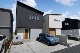 【外観パース】 | 宇治市広野町寺山2区画A号地　売土地　建築条件付き | お客様のお好みに合わせて、外観デザインも一緒に作り上げていきます。「ひと目で分かるアトリエの家」をコンセプトに、木・金属・吹抜けを組み合わせ”あなたらしさ”を表現できる外観づくりが可能です。