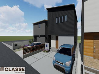 【外観パース】 | 宇治市広野町寺山2区画A号地　売土地　建築条件付き | 参考プランになりますので、お客様のお好みの外観を一緒に作らせていただきます。外壁には、メンテナンスが楽な光セラを採用しており、汚れがつきにくく、色あせもしにくいのでおススメです！