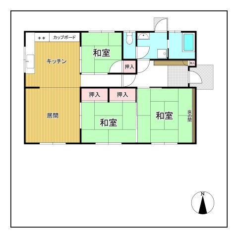 坂出市旭町　ミサワホーム施工平屋戸建　敷地面積約９４坪の区画図|全周は塀で囲まれており、現状では駐車スペースはございません。前面の塀を撤去してお庭を整地することで、駐車スペースは３～４台程度可能となります。