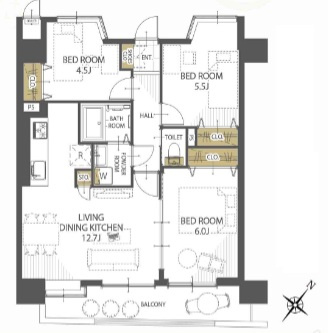 ライオンズシティ春日部の間取り|3LDKの間取りです。バルコニーが南東向きで陽当たり良好です。洗濯物が良く乾きますし、リビングにも陽がよく入ります。各お部屋にはクローゼットがあり、リビングにもストレージが付いていて、収納豊富です◎