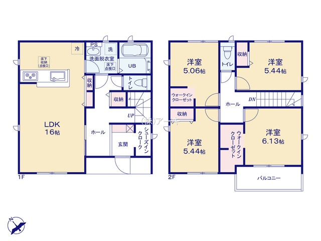 碧南市住吉町4丁目70-2『仲介手数料無料』新築戸建ての間取り|　1号棟　1F:LDK16帖♪便利なダイニング収納・ホール収納！スッキリ片付くシューズインクローク！2F:主寝室6.13帖・洋室5.06帖　WIC設置！洋室5.44帖・洋室5.44帖　CL設置♪