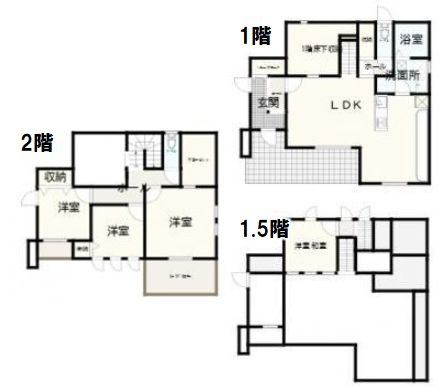 小山市神鳥谷の間取り|1階・1.5階・2階のスキップフロア構造が特徴の4LDK。家族のプライバシーを保ちつつ、つながりも感じられる個性派間取りです。