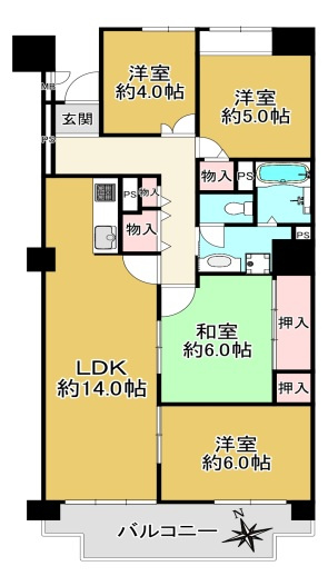 第五恵美酒マンション　3階の間取り|4ＬＤＫです。