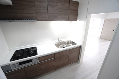 【キッチン】 | 【リノベ済】パルコープ長束1F | ☆キッチンの特徴☆
・ハウステック社製
・人口大理石ワークトップ
・浄水器一体型ハンドシャワー水栓
・すっきりジョイント（シンク継ぎ目）
・フラットスリムレンジフード
・換気扇幕板が他の面材と同色