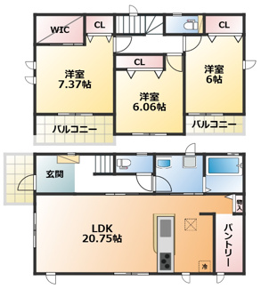 【間取り】 | ハートフルタウン宇都宮市西川田駅1期　1号棟 | 全室南向きで陽当たりの良い間取りです