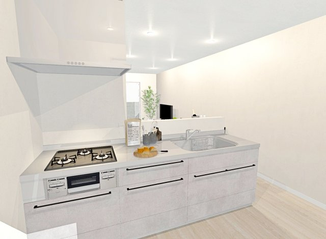 音羽初田町　新築参考プラン　建築条件付土地の外観パース|【新築参考プラン：キッチンパース図】
自由設計のおうちは間取りだけでなく外壁や内装のお色味も変更可能！
お客様のご理想をお聞かせ下さい♪
【建物価格1598万円、建物面積69.86m2】