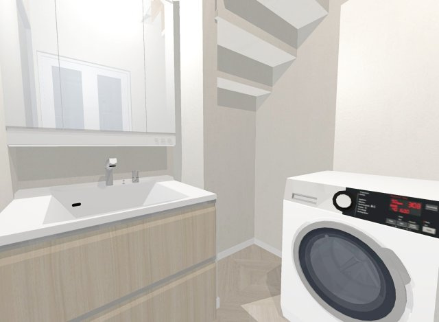 音羽初田町　新築参考プラン　建築条件付土地の外観パース|【新築参考プラン：洗面化粧台パース図】
自由設計のおうちは間取りだけでなく外壁や内装のお色味も変更可能！
お客様のご理想をお聞かせ下さい♪
【建物価格1598万円、建物面積69.86m2】