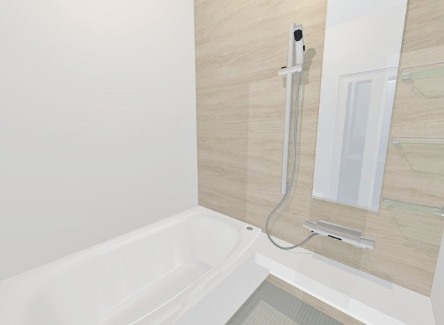 音羽初田町　新築参考プラン　建築条件付土地の外観パース|【新築参考プラン：浴室パース図】
自由設計のおうちは間取りだけでなく外壁や内装のお色味も変更可能！
お客様のご理想をお聞かせ下さい♪
【建物価格1598万円、建物面積69.86m2】