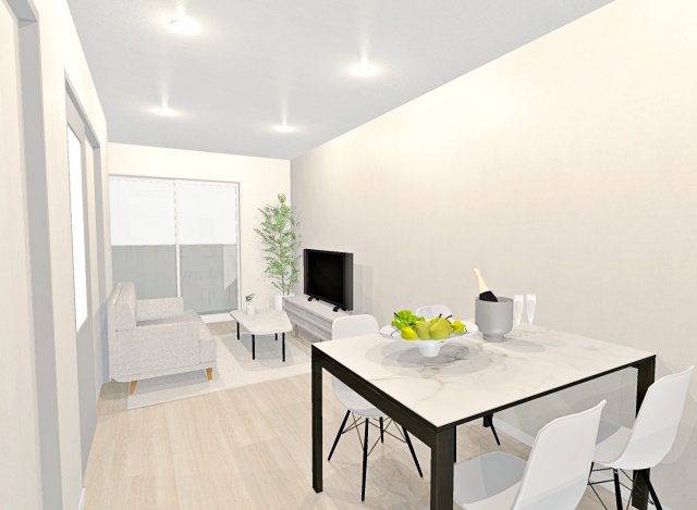 音羽初田町　新築参考プラン　建築条件付土地の外観パース|【新築参考プラン：リビングパース図】
自由設計のおうちは間取りだけでなく外壁や内装のお色味も変更可能！
お客様のご理想をお聞かせ下さい♪
【建物価格1598万円、建物面積69.86m2】