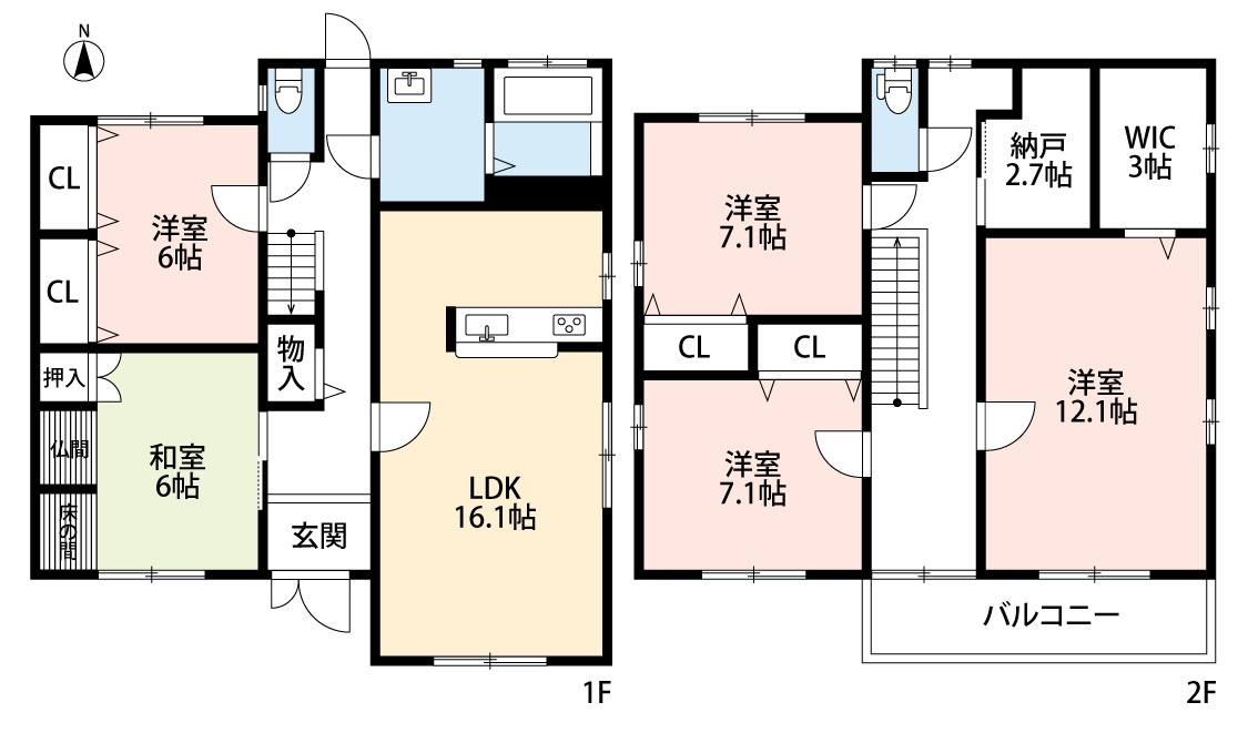 小牧市大字本庄　中古戸建の間取り|駐車並列3台可。５LDK。納戸＆ウォークインクローゼットあり。