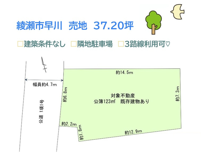 【土地図】 | 建築についてじっくり考えられるメリットだらけの建築条件なし◎
隣地駐車場につき、あふれる開放感が魅力的！
３路線（小田急・ＪＲ・相鉄）が乗り入れる「海老名」駅が最寄り駅です♪