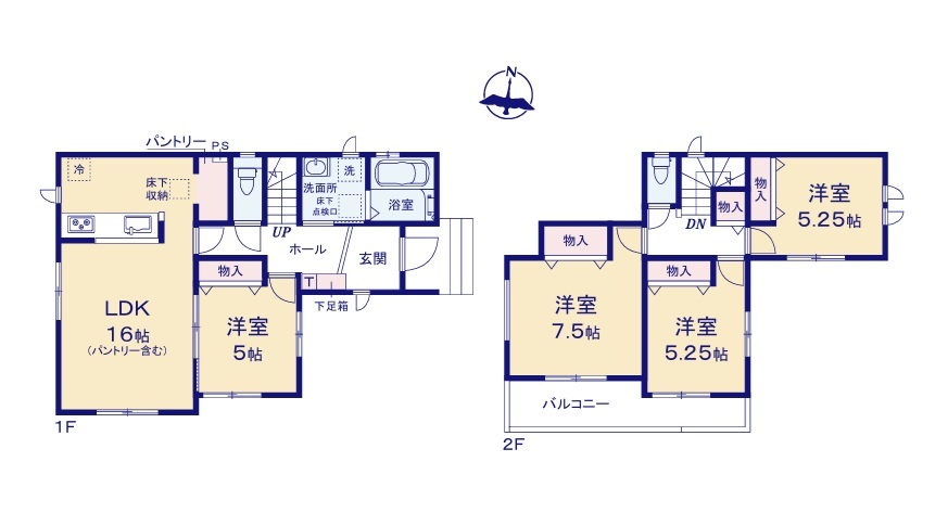 ハートフルタウン 　水戸市大塚町　3期　Aの間取り|　
☆各部屋を最大限に広く使って頂ける様、全居室に大容量の収納付き。全室明るい二面採光。水廻りコンパクトで家事動線ラクラクです。段差のないオールフローリング♪