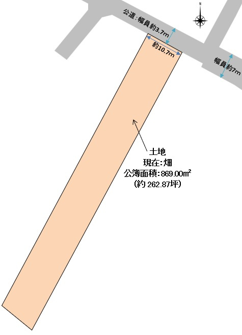 両三柳売土地の土地図|間口約10ｍの敷地になります。