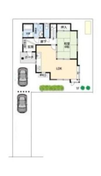 加須中古戸建リフォームの区画図|駐車場は現状は１台小型車または軽自動車限定で駐車可能です。２台駐車をご希望の方には玄関前に１台おけるようには対応可能です。見積あります。