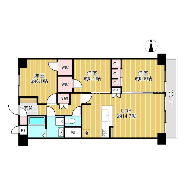 香里グランドコーポの間取り|3LDK