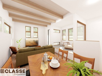 【完成予想図】 | 城陽市寺田大川原　１区画　売土地　建築条件付き　 | アトリエスタイルハウス仕様の窓はペアガラス、サッシはアルミ×樹脂複合のハイブリットサッシを採用。ガラスの間には断熱性の高いアルゴンガスを充填しておりますので、より断熱性能が高まる仕様になっております。