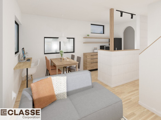 【完成予想図】 | 宇治市広野町寺山　売土地　建築条件付き | アトリエスタイルハウス仕様の窓はペアガラス、サッシはアルミ×樹脂複合のハイブリットサッシを採用。ガラスの間には断熱性の高いアルゴンガスを充填しておりますので、より断熱性能が高まる仕様になっております。