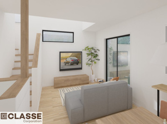 【完成予想図】 | 宇治市広野町寺山　売土地　建築条件付き | 標準仕様（アトリエスタイルハウス仕様）で断熱材は気密性、断熱性能も高い、吹付断熱を採用。屋根断熱を実現していますので、お家全体が冬はあったかく、夏は涼しいお家づくりが可能です。