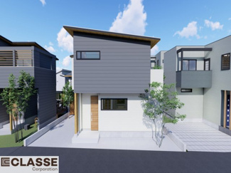 【外観パース】 | 宇治市伊勢田町砂田　売土地　建築条件付き | 参考プランになりますので、お客様のお好みの外観を一緒に作らせていただきます。外壁には、メンテナンスが楽な光セラを採用しており、汚れがつきにくく、色あせもしにくいのでおススメです！