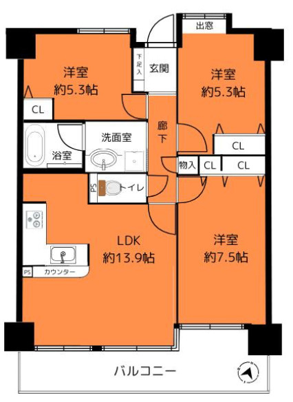 ロイヤルアーク明石江井ヶ島　5階の間取り|3LDKです。