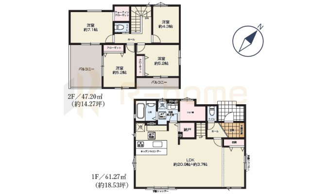水戸市河和田1期　新築戸建て　4号棟の間取り|4LDK＋WIC＋土間収納＋リネン庫、土地面積263.93m2、建物面積108.47ｍ2