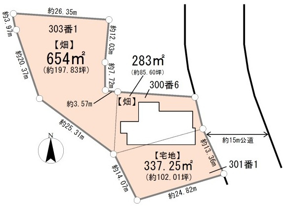 東松山市大字今泉301-1の一部、他 古家付土地385坪の土地図|宅地約337.25㎡(102.01坪) 畑約890㎡(269.22坪)