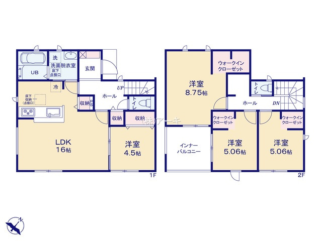 碧南市日進町２丁目11『仲介手数料無料』新築戸建ての間取り|　5号棟　1F:LDK16帖に隣接する洋室4.5帖はお子様の遊び場・奥様の家事室に便利！キッチン・ホール収納♪2F:主寝室8.75帖・洋室5.06帖・洋室5.06帖　WIC設置！南面インナーバルコニー