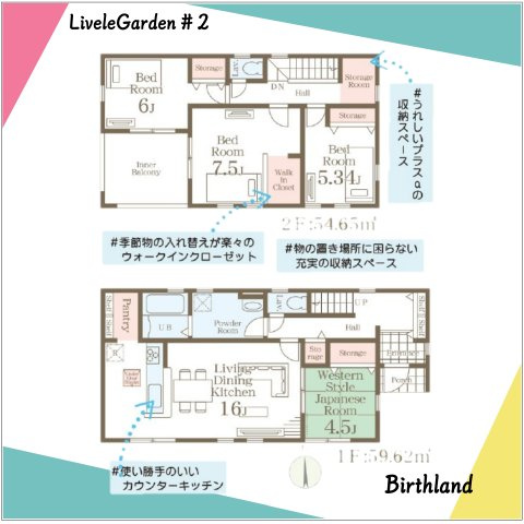 新築戸建・建売　小名浜岡小名第2　Livele Garden　全2棟の間取り|2号棟　南向きで陽当たりもよく日中電気を付けなくても明るいです！