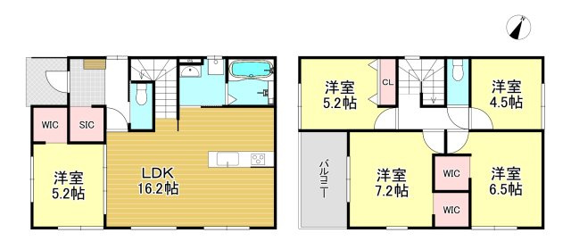 Terrechez　高松市東山崎町の間取り|１階：LDK16.２・洋5.2　２階：洋4.5・洋5.2・洋6.5・洋7.2の５LDKです