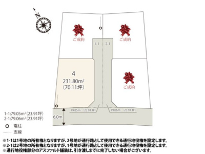 【区画図】 | 60坪以上のゆとりのある敷地。すべり台やプールを置いて遊ぶことも出来そうですね。周辺は田園風景の残る、開放感のある立地です。