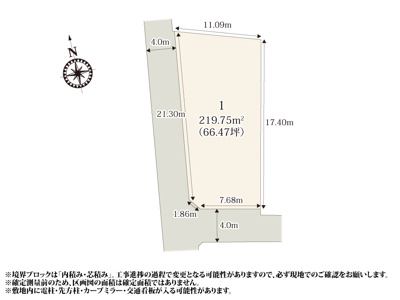 【区画図】 | 南西角地であり敷地形状が縦長なので、日差しが入りやすく、明るいお部屋でのびのびと生活できそうですね。敷地面積は70坪とゆとりがあるので、家庭菜園も楽しめます。