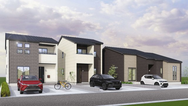 新築戸建・建売　会津若松市藤原二丁目　GRAFARE　全3棟の外観パース|完成予想図