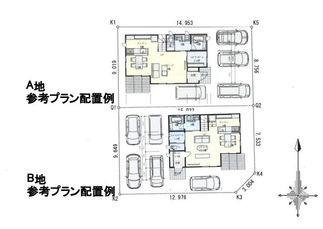 西四ツ谷　住宅用地の土地図|土地への配置例■A380万円(参考建物込で2472万円)■B440万円(参考建物込で2532万円)