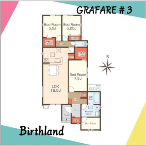 新築戸建・建売　会津若松市藤原二丁目　GRAFARE　全3棟の間取り|【3LDK】サンルームやウォークインクローゼット2か所など魅力的な設備が揃う！