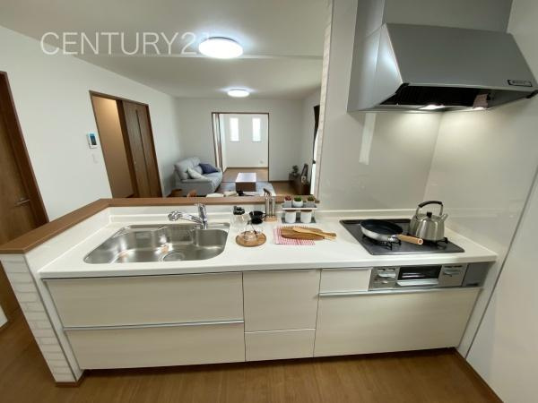 前橋市山王町7期 A号棟のキッチン|シンクも大きく洗い物もしやすい浄水器付。シャワーヘッドは引き出し可能、シンクの隅々まで洗い流せます。