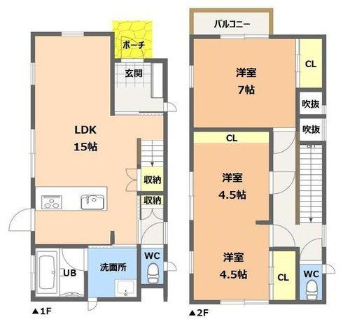 玉里団地3丁目　モデルハウス分譲の間取り|コンパクトながらも使い勝手の良い3LDKです。リビング階段採用で家族の会話が弾む造りになっています。