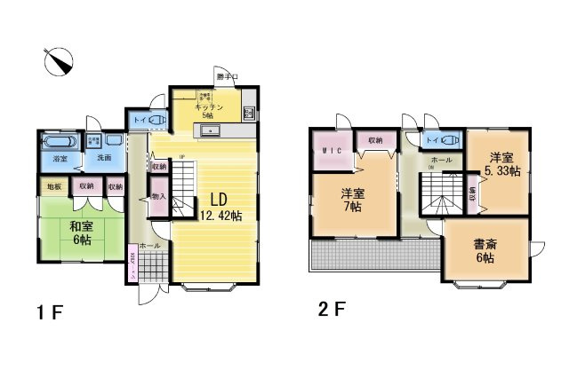 【間取り】 | ◇◆開成町吉田島 中古戸建◆◇ | 【3SLDK】1F：LD12.42帖 K5帖 和室6帖　2F：洋室7帖・5.33帖 書斎6帖