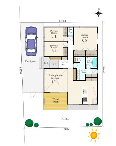 さいたま市浦和区瀬ケ崎4丁目 限定1棟の間取り|開放感あふれる1階平屋住宅
南側に広がるお庭スペースとウッドデッキが生活にゆとりを演出します