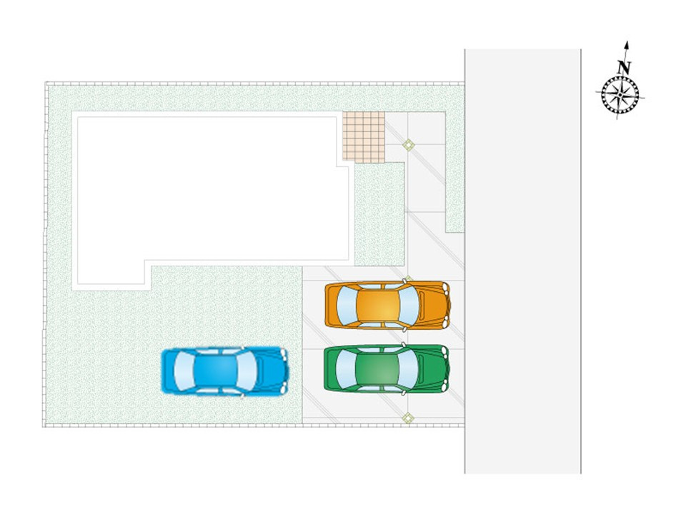 【２号棟　区画図】駐車スペース３台分確保。ファイブイズホームの分譲住宅は、ご入居直後から快適に暮らせるよう、駐車スペースのコンクリート打ちや砂利敷き、境界フェンスなど、基本的な外構工事が付いてきます。