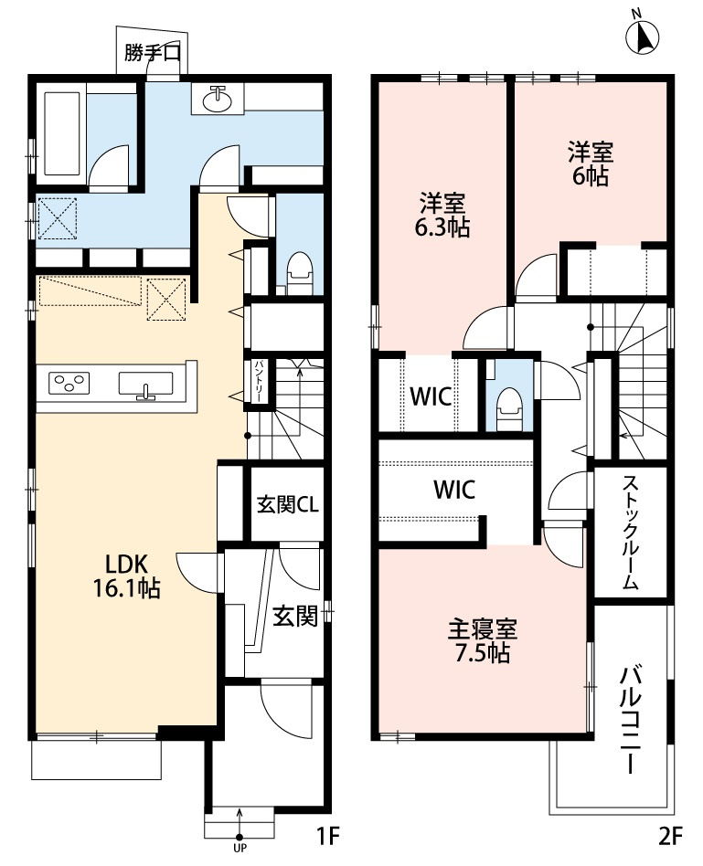 小牧市大字久保一色　新築戸建　C棟の間取り|ランドリールーム＆玄関クローク＆パントリーあり。
２階にストックルーム＆ウォークインクローゼットあり。